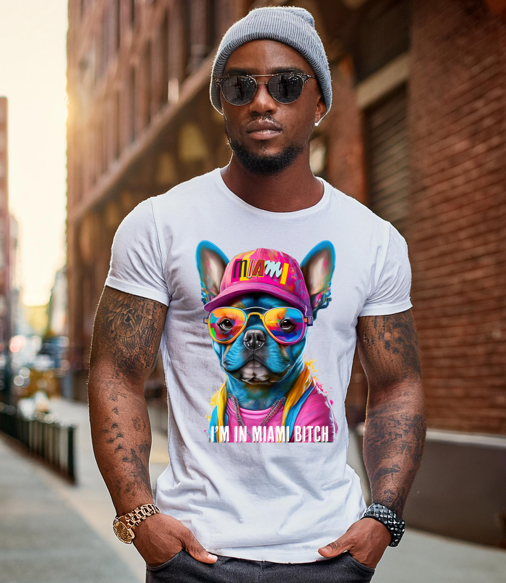 Frenchie Pink Miami Art White Collection T-Shirt - Unique and Exclusive Design | Grooveman Music TM