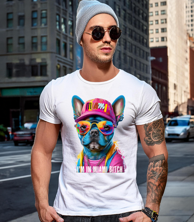 Frenchie Pink Miami Art White Collection T-Shirt - Unique and Exclusive Design | Grooveman Music TM