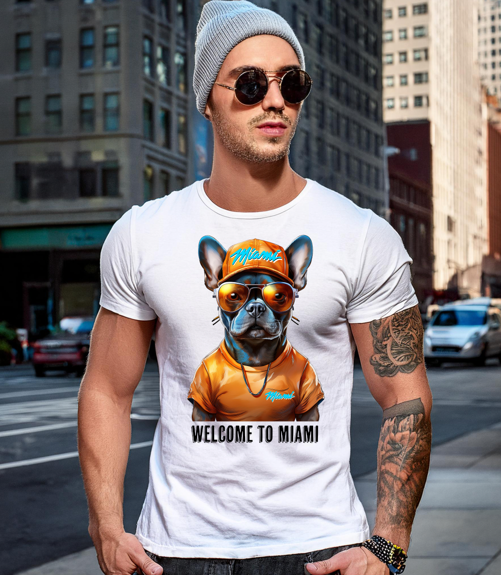 Frenchie Orange Miami Art White Collection T-Shirt - Unique and Exclusive Design | Grooveman Music TM