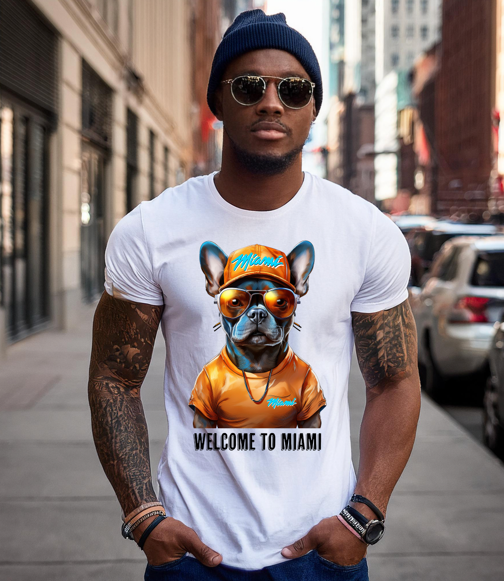 Frenchie Orange Miami Art White Collection T-Shirt - Unique and Exclusive Design | Grooveman Music TM