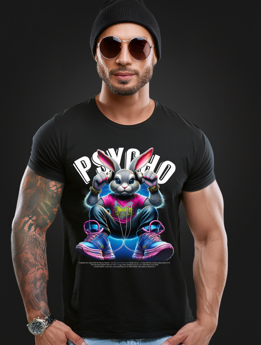 Bunny Psycho Art T-Shirt - Unique and Exclusive Design | Grooveman Music TM"