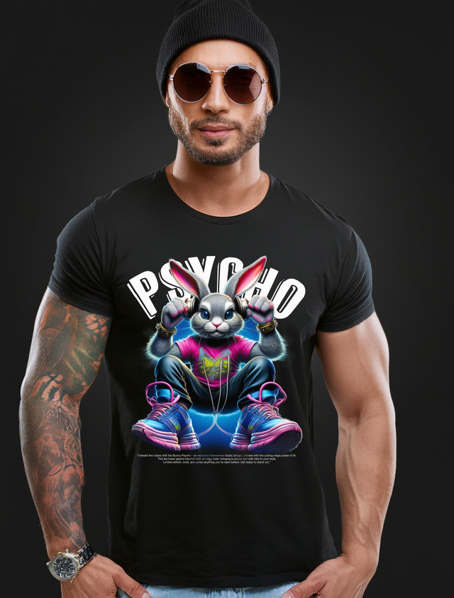 Bunny Psycho Art T-Shirt - Unique and Exclusive Design | Grooveman Music TM"