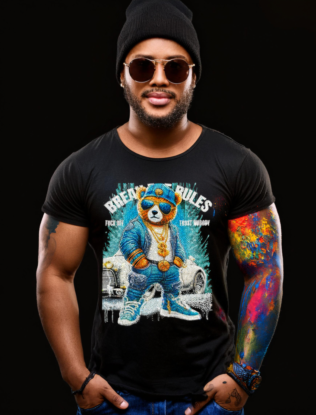 Rhinestones T Shirt Teddy Blue Car Exclusive | Grooveman Music TM