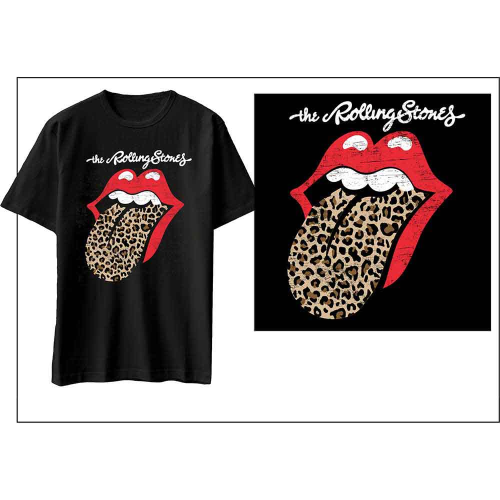 The Rolling Stones - Camiseta con estampado de leopardo en la lengua